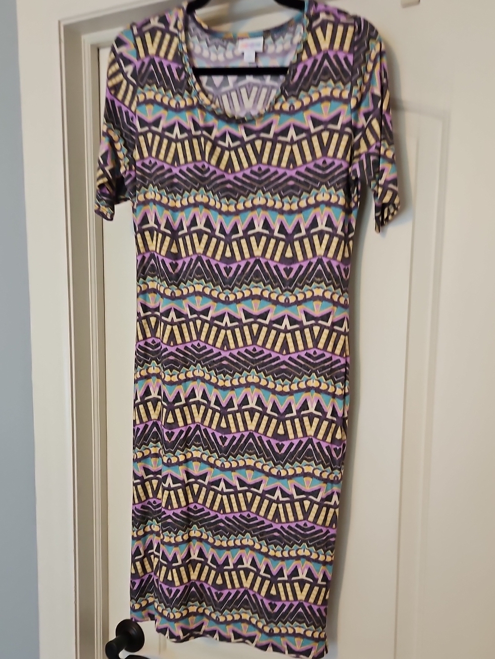 LuLaRoe Geometric Midi Dress in Purple, Teal & Yellow